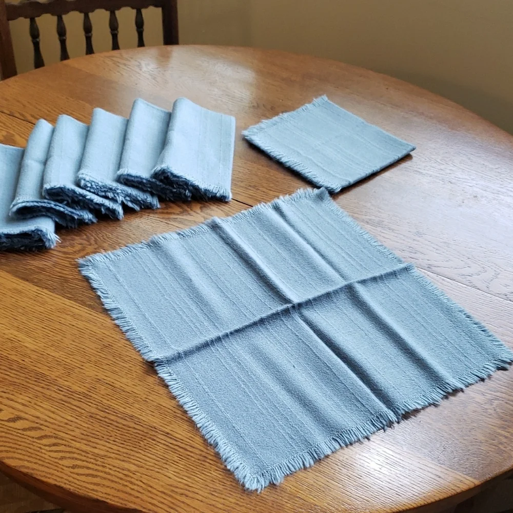 Vtg- Set (8) of Blue Fringed Napkins